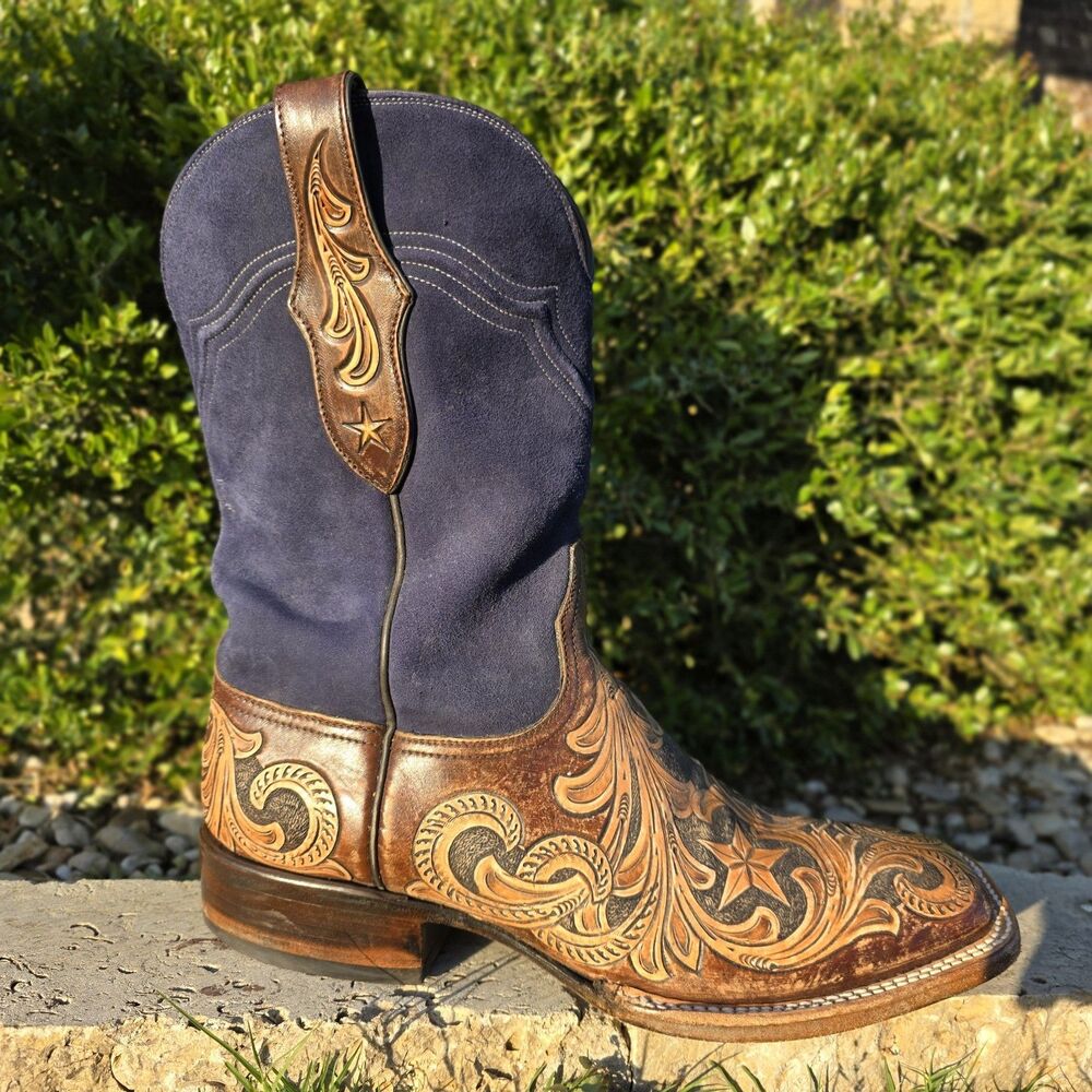 Black Jack Mens 11 Handtooled Stars Square toe Boot Navy Suede